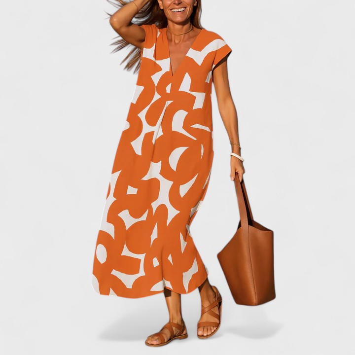 Cataline | Geometric Print V-Neck Maxi Dress