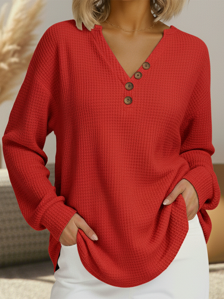 Estefania | Waffle Knit V-Neck Henley Sweater