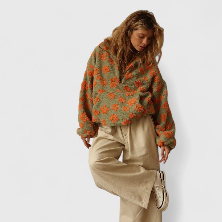 Dalia | Floral Sherpa Quarter Zip Sweater