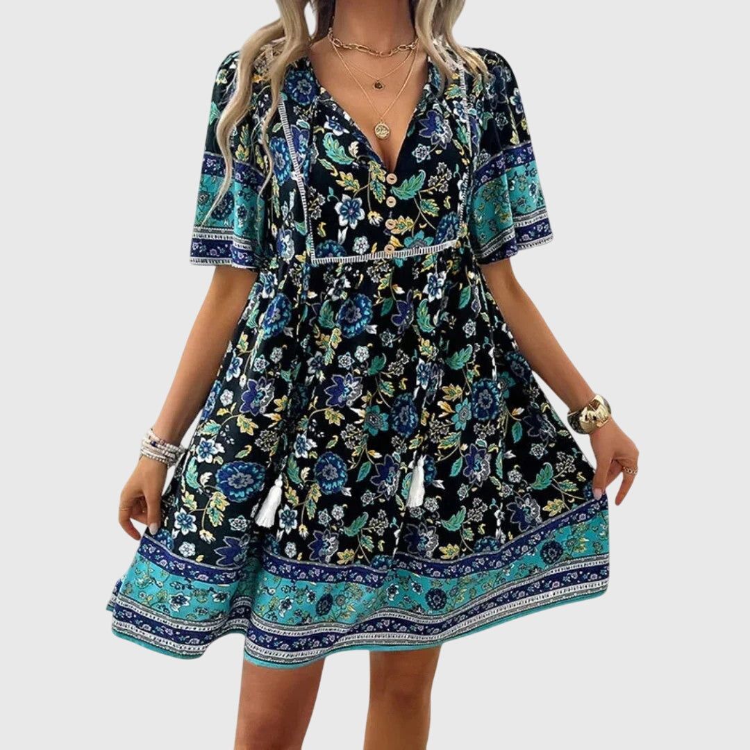 Seren | Floral Boho Babydoll Dress with Tassels