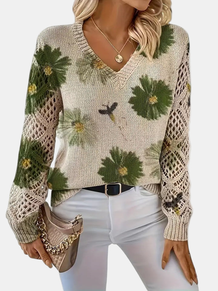 Latifa | Casual Floral V-Neck Crochet Sleeve Sweater