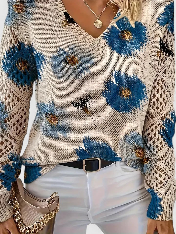 Maren | Floral V-Neck Sweater with Crochet Sleeves