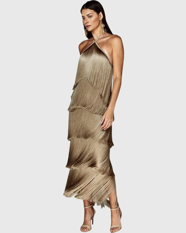 Cleantha | Halter Fringe Dress with Tiered Tassels