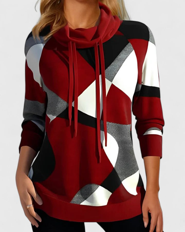 Clare | Geometric Print Mock Neck Sweater with Drawstring