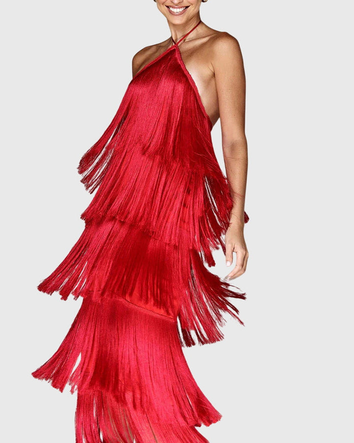 Cleantha | Halter Fringe Dress with Tiered Tassels