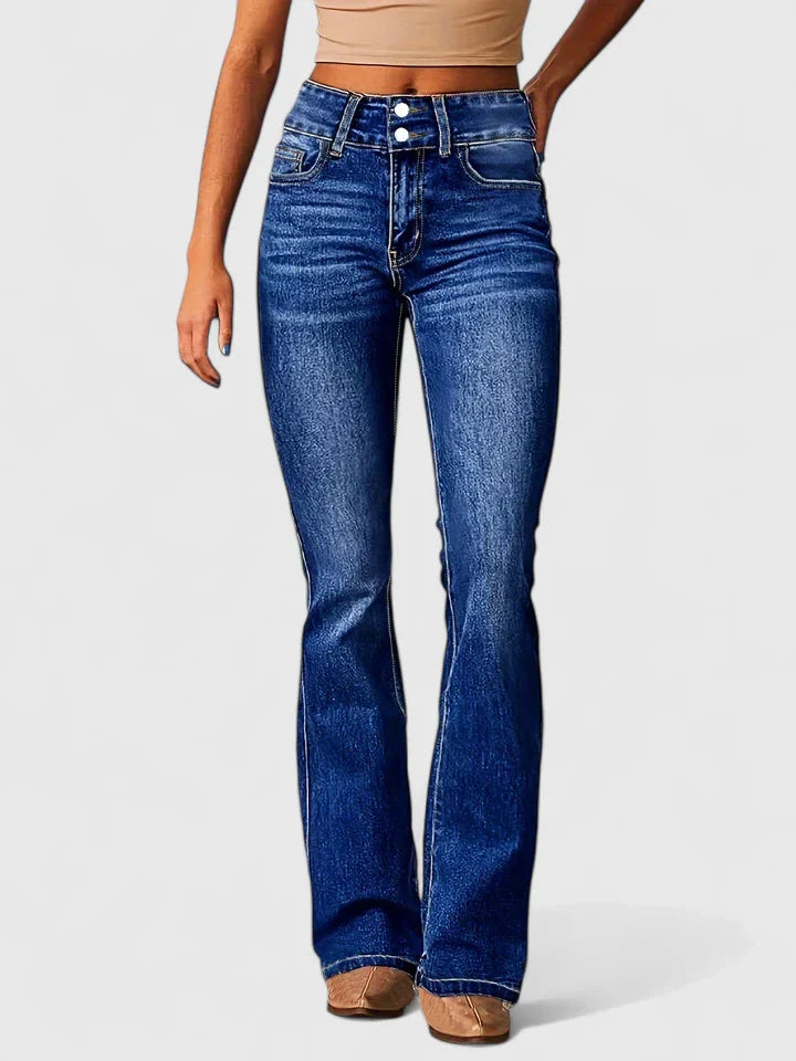 Edith | High Rise Flare Jeans with Button Detail