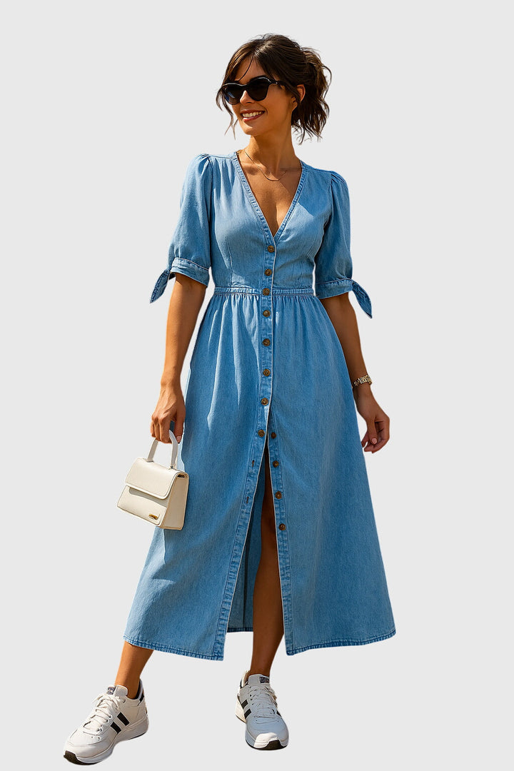 Elodia | Button-Front Denim Midi Dress with V-Neck