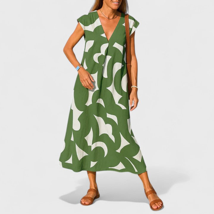 Cataline | Geometric Print V-Neck Maxi Dress