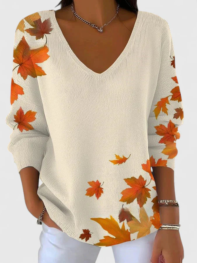 Magda | Maple Leaf Print V Neck Sweater