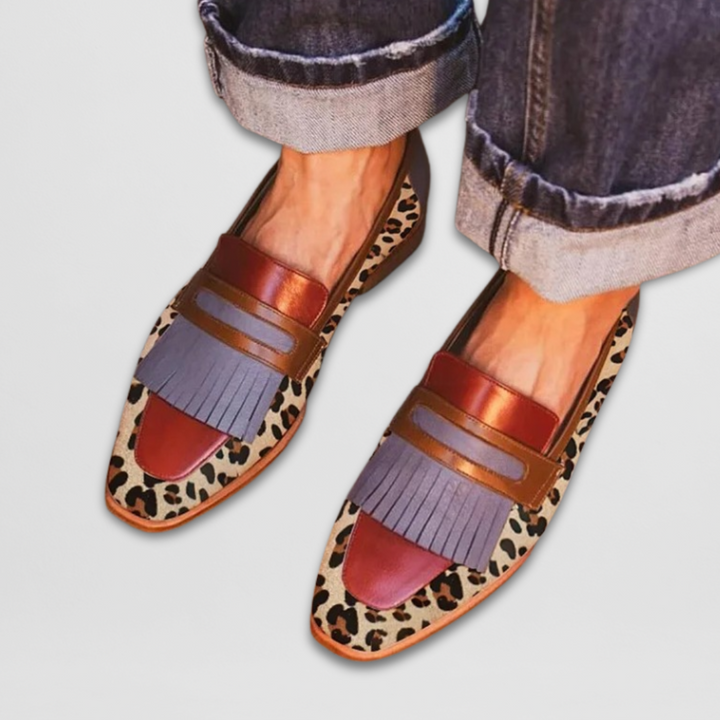 Agata | Leopard Print Fringe Mules with Suede Trim