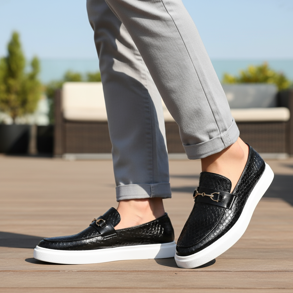 Collin | Textured Loafers Metal Bar Detail