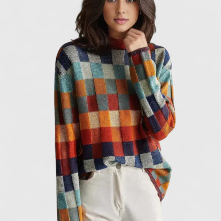 Carolyn | Multicolor Checkered Mock Neck Sweater