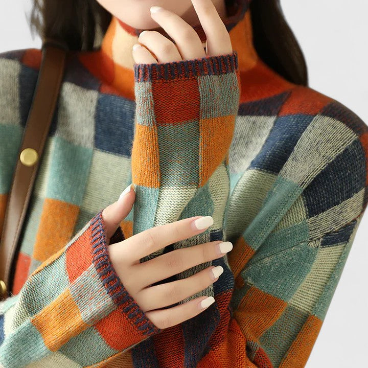 Carolyn | Multicolor Checkered Mock Neck Sweater