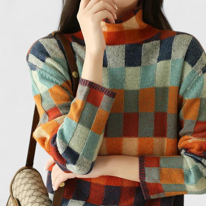 Carolyn | Multicolor Checkered Mock Neck Sweater