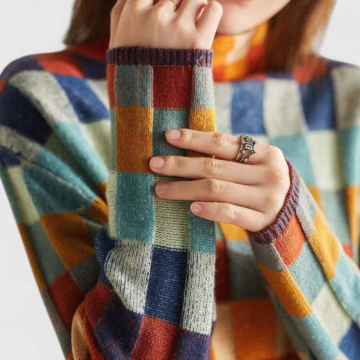 Carolyn | Multicolor Checkered Mock Neck Sweater