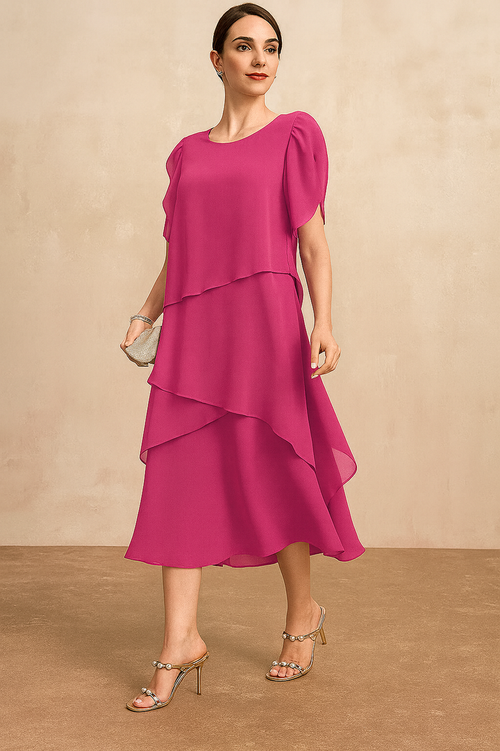 Henrietta | Tiered Chiffon Midi Dress with Sleeves