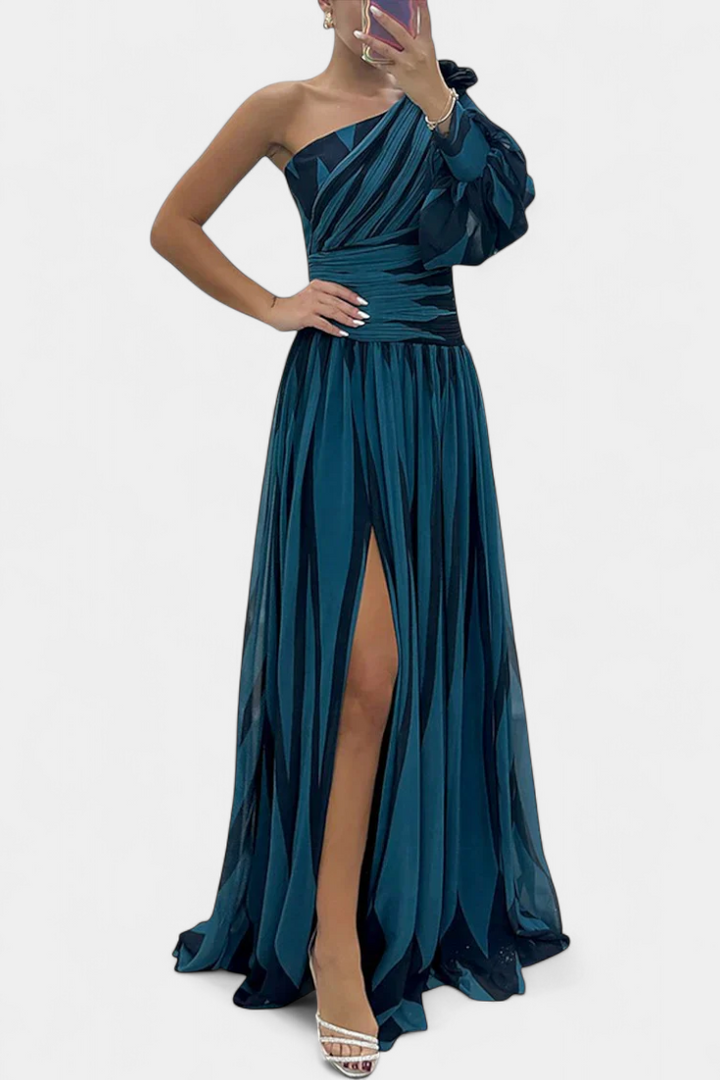 Bellatrixina | One-Shoulder Striped Maxi Dress with Slit