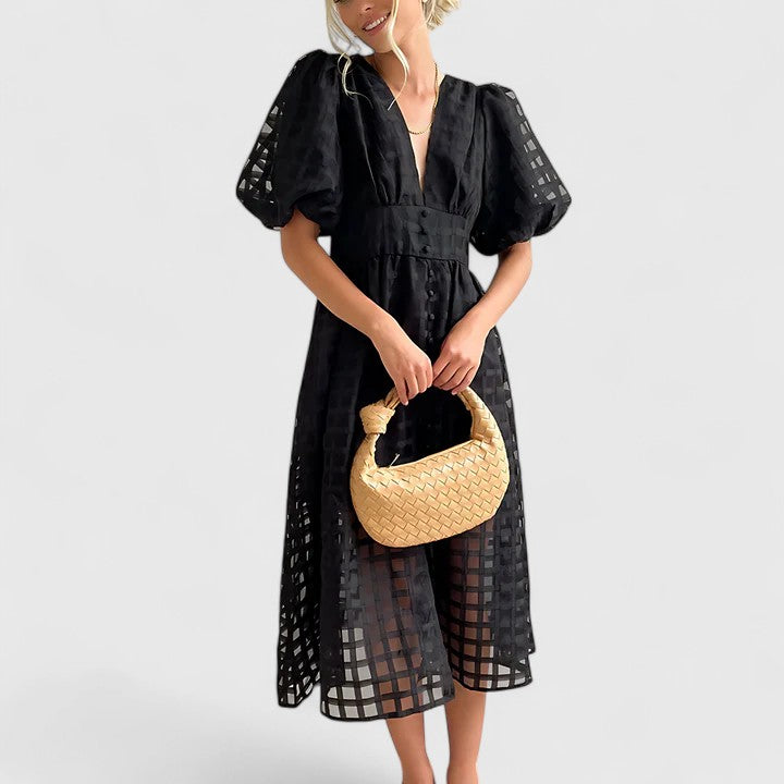 Fawn | Sheer Checkered Midi Dress with Puff Sleeves