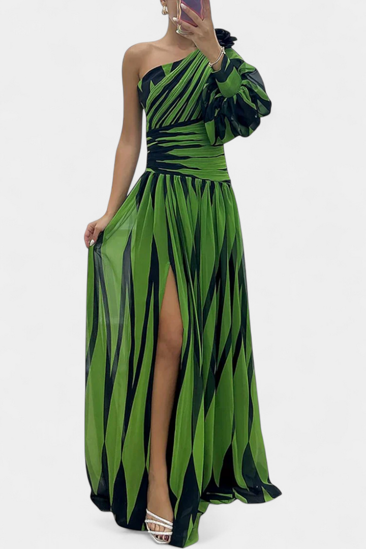 Bellatrixina | One-Shoulder Striped Maxi Dress with Slit