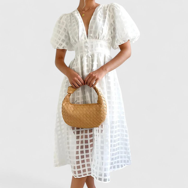 Fawn | Sheer Checkered Midi Dress with Puff Sleeves