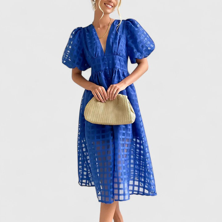 Fawn | Sheer Checkered Midi Dress with Puff Sleeves