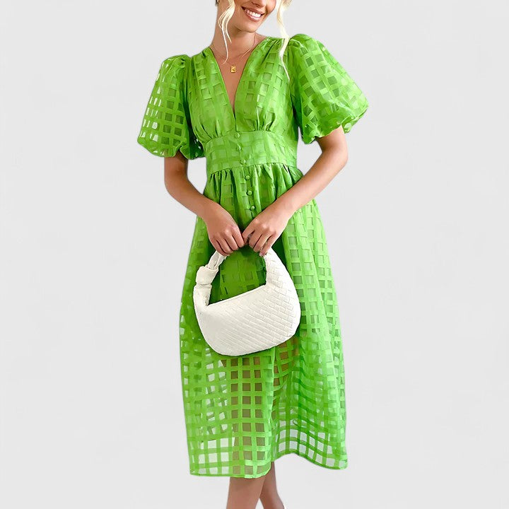 Fawn | Sheer Checkered Midi Dress with Puff Sleeves