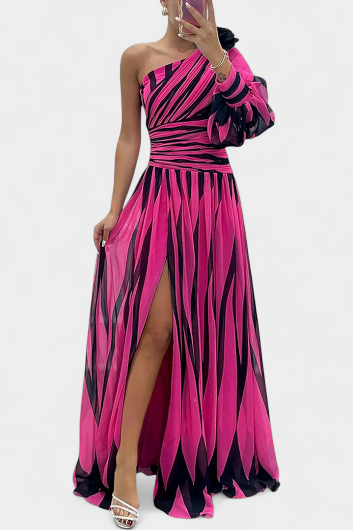 Bellatrixina | One-Shoulder Striped Maxi Dress with Slit