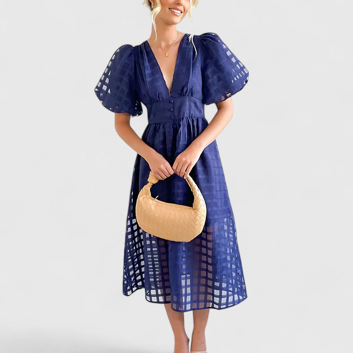 Fawn | Sheer Checkered Midi Dress with Puff Sleeves