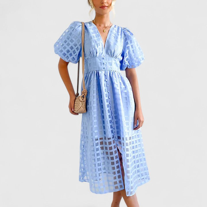 Fawn | Sheer Checkered Midi Dress with Puff Sleeves