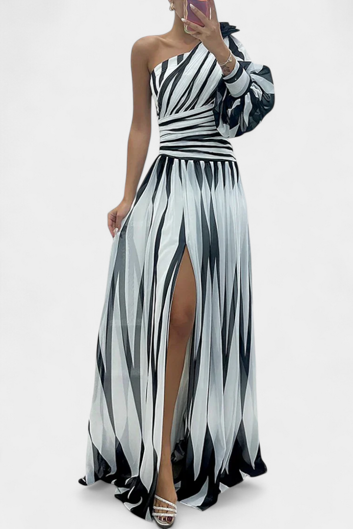 Bellatrixina | One-Shoulder Striped Maxi Dress with Slit