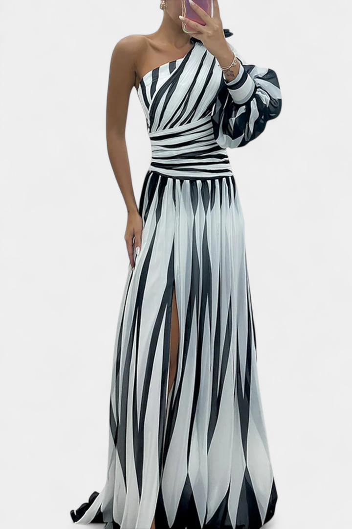 Bellatrixina | One-Shoulder Striped Maxi Dress with Slit