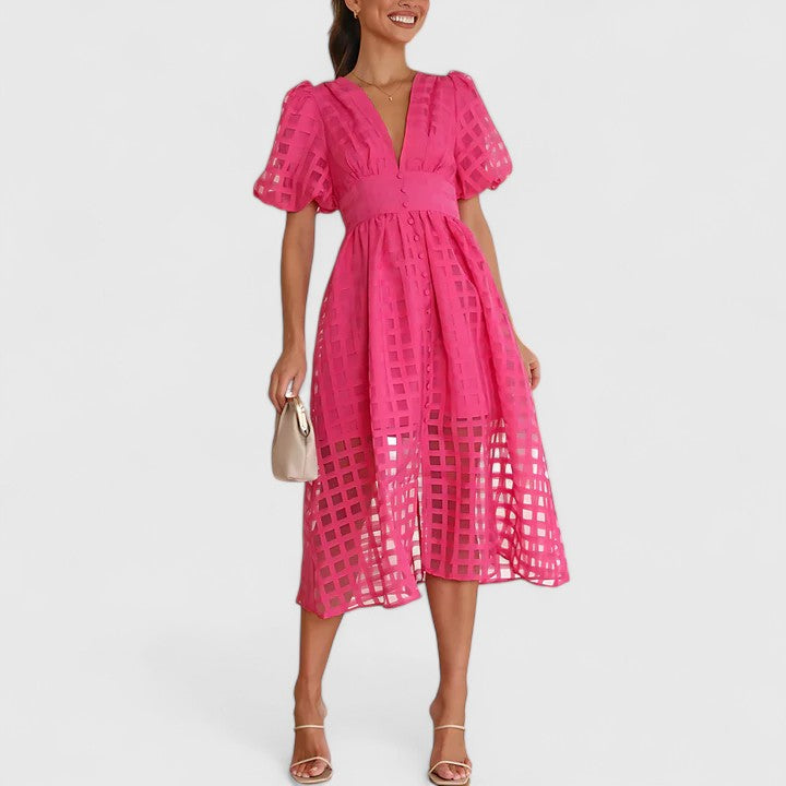 Fawn | Sheer Checkered Midi Dress with Puff Sleeves