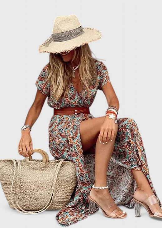 Celestyna | Floral Print Boho Maxi Dress with Slit