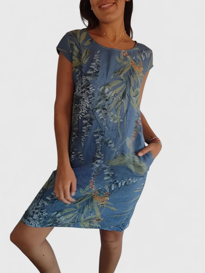 Marisette | Floral Linen Dress with Cap Sleeves