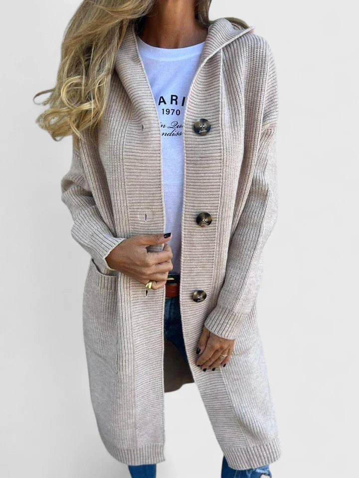 Thora | Long Hooded Solid Knit Cardigan with Buttons
