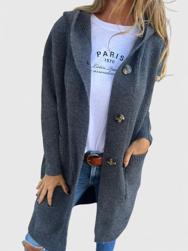 Thora | Long Hooded Solid Knit Cardigan with Buttons
