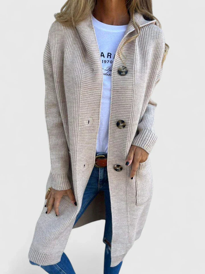 Thora | Long Hooded Solid Knit Cardigan with Buttons