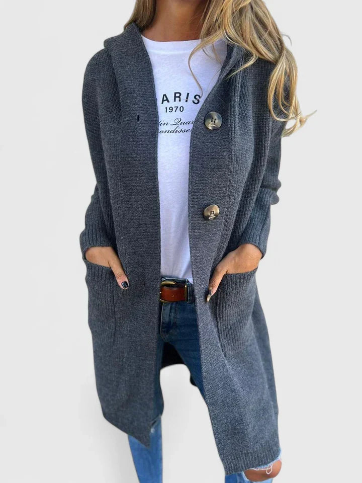 Thora | Long Hooded Solid Knit Cardigan with Buttons