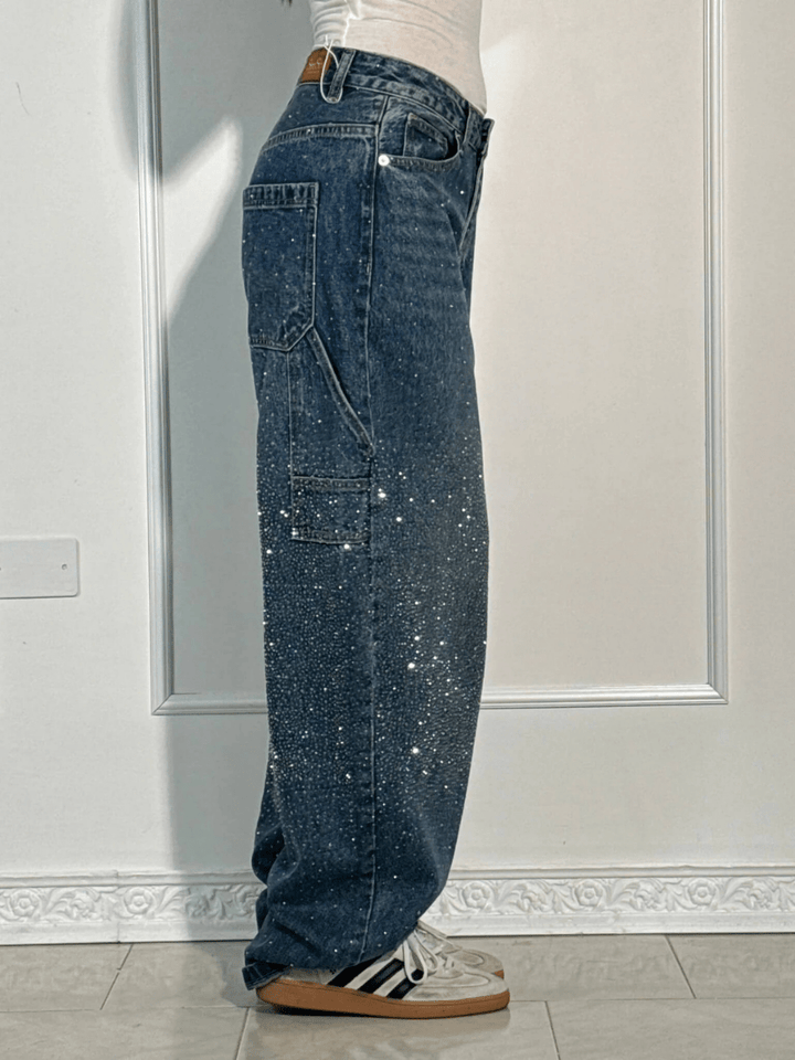Indira | Blue Glitter Wide Leg Jeans Baggy Fit