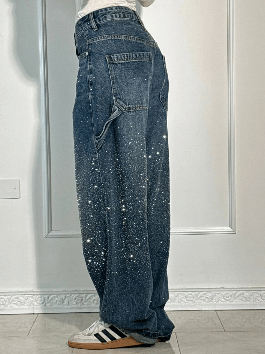 Indira | Blue Glitter Wide Leg Jeans Baggy Fit