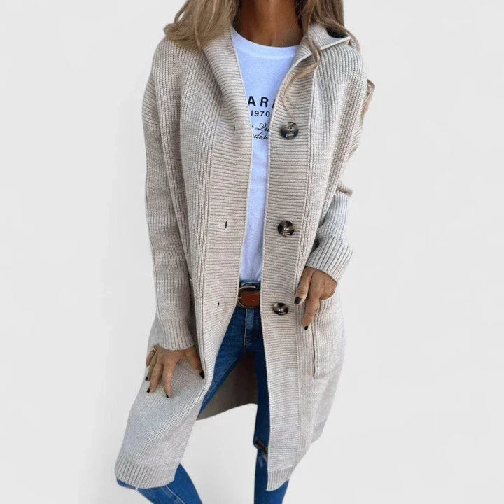 Elizabeth | Long Hooded Ribbed Knit Cardigan with Buttons