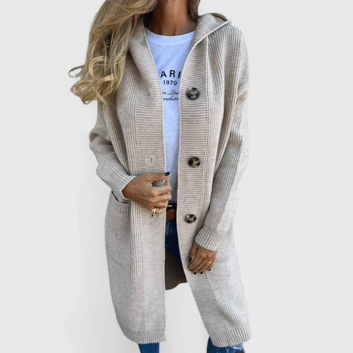 Elizabeth | Long Hooded Ribbed Knit Cardigan with Buttons