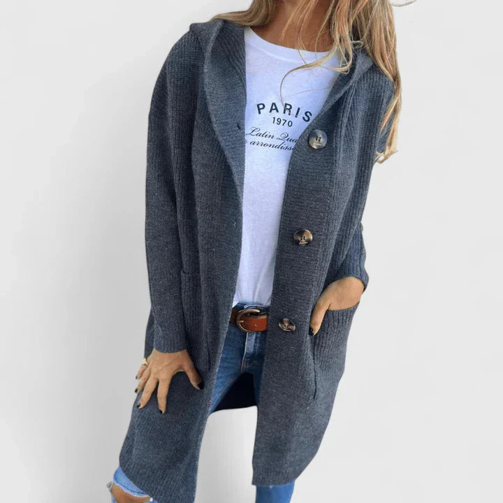 Elizabeth | Long Hooded Ribbed Knit Cardigan with Buttons