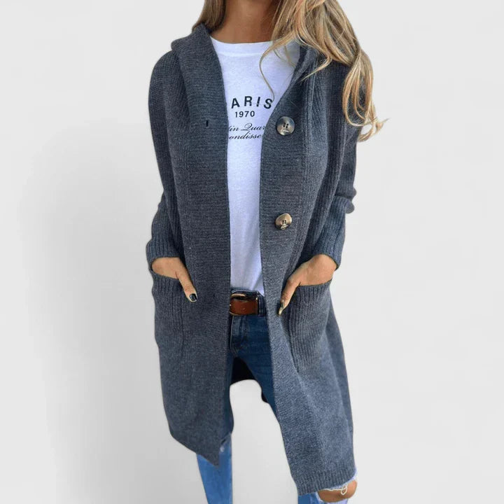 Elizabeth | Long Hooded Ribbed Knit Cardigan with Buttons