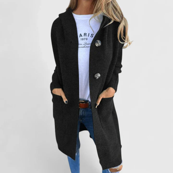 Elizabeth | Long Hooded Ribbed Knit Cardigan with Buttons