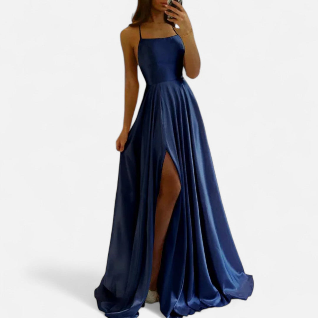 Elida | Satin Slit Maxi Dress with Spaghetti Straps