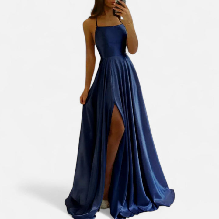 Elida | Satin Slit Maxi Dress with Spaghetti Straps