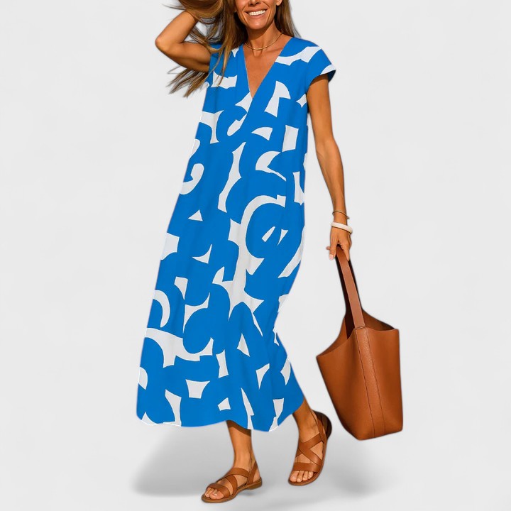 Cataline | Geometric Print V-Neck Maxi Dress