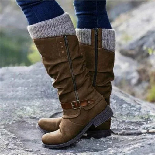 Mauve | Knit Cuff Mid-Calf Boots with Zipper