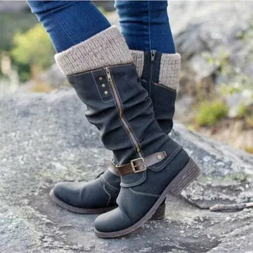 Mauve | Knit Cuff Mid-Calf Boots with Zipper